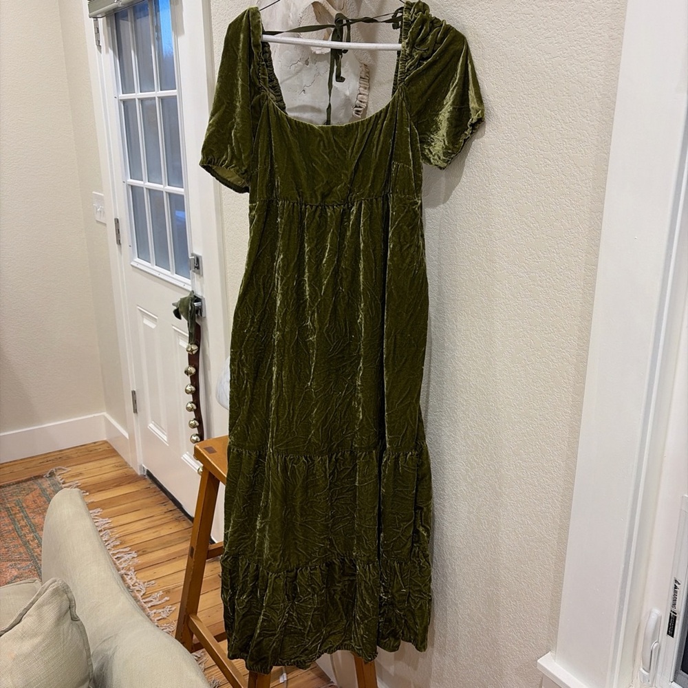 Anthropologie Olive Green Velvet Maxi Dress